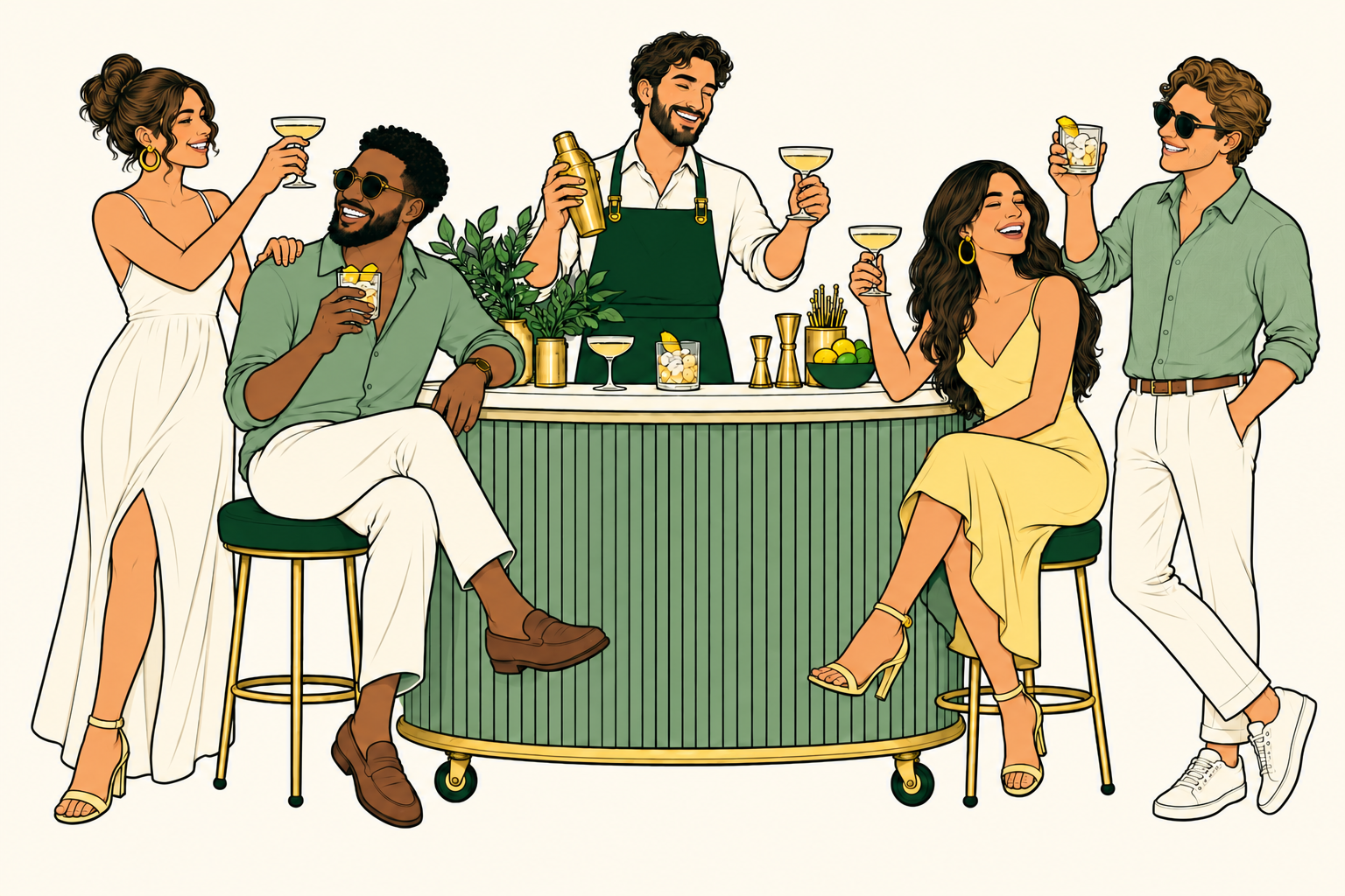 Friends raising cocktails around a mobile bar with a bartender